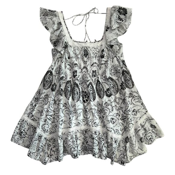 Maeve Flutter Sleeve Babydoll Cottagecore Mini Dress White Black M Boho‎ Coastal - Picture 1 of 11
